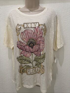Lucky Brand Women's Light Yellow Floral Graphic Tee with Pink Bloom Size L NWT